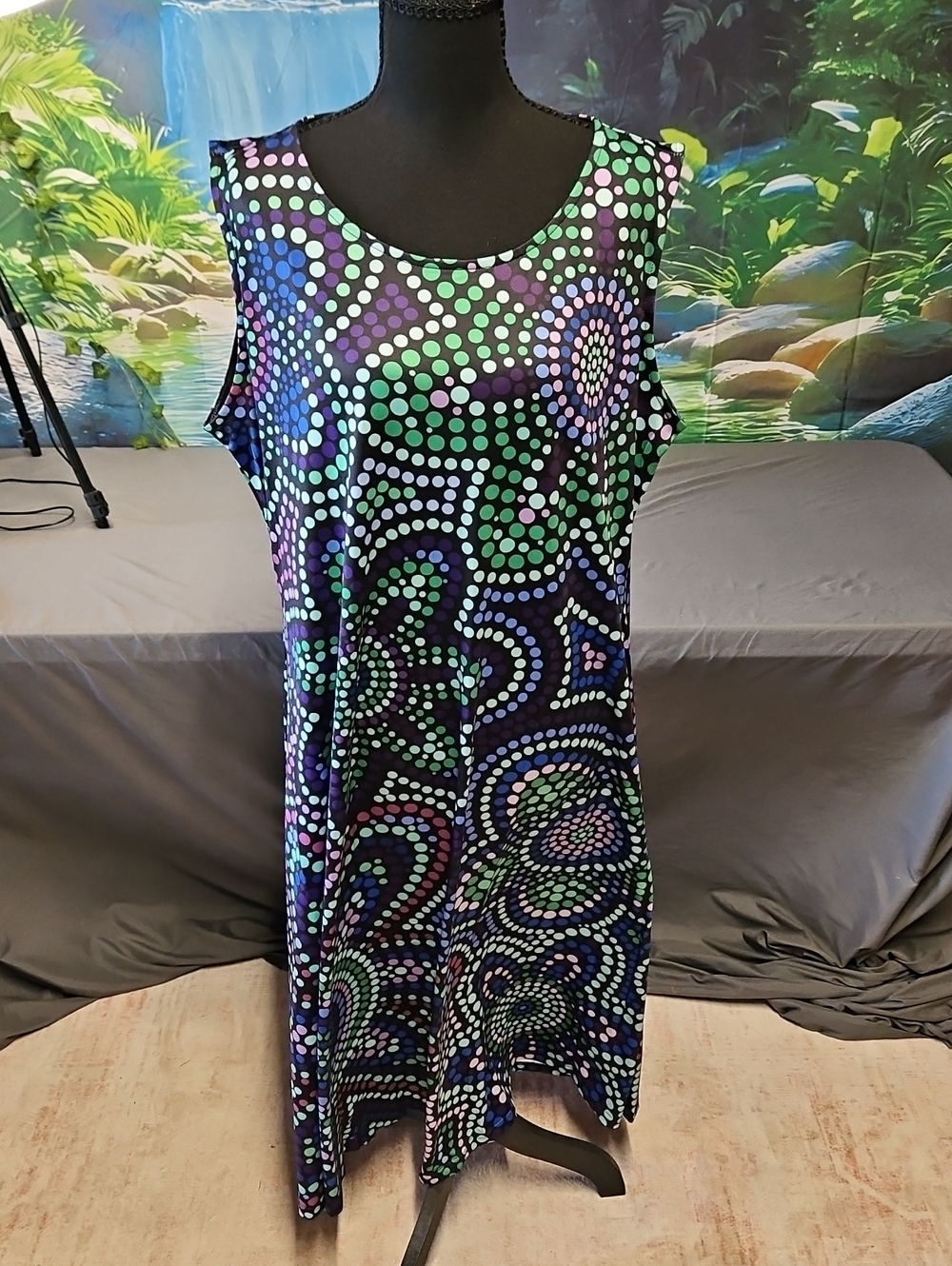 Sleeveless Maxi Dress in Black with Green & Purple Dot Spiral Print